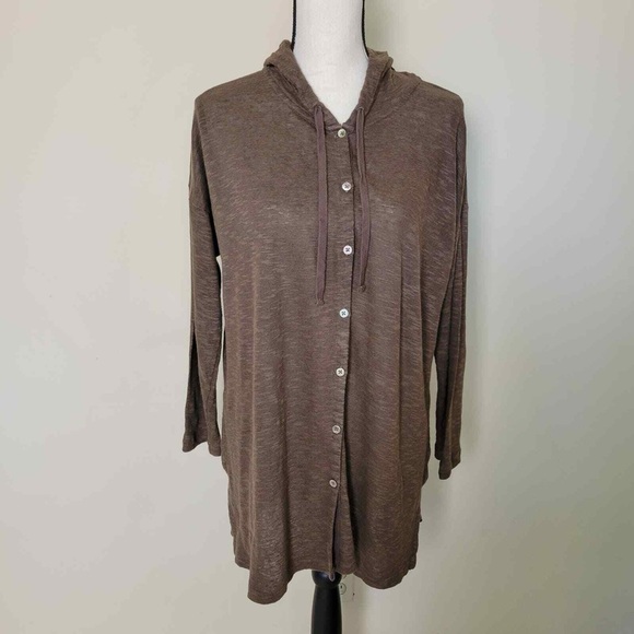J Jill Cardigan Hoodie Sweater Size Large Brown Linen Blend‎ Button Down Pockets - Picture 1 of 13